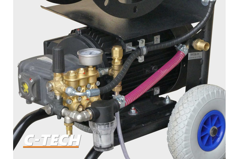 Гидродинамическая установка C-TECH для прочистки канализации, комплект 3 форсунки, шланг 30м, системы безопасности (200 бар, 1200