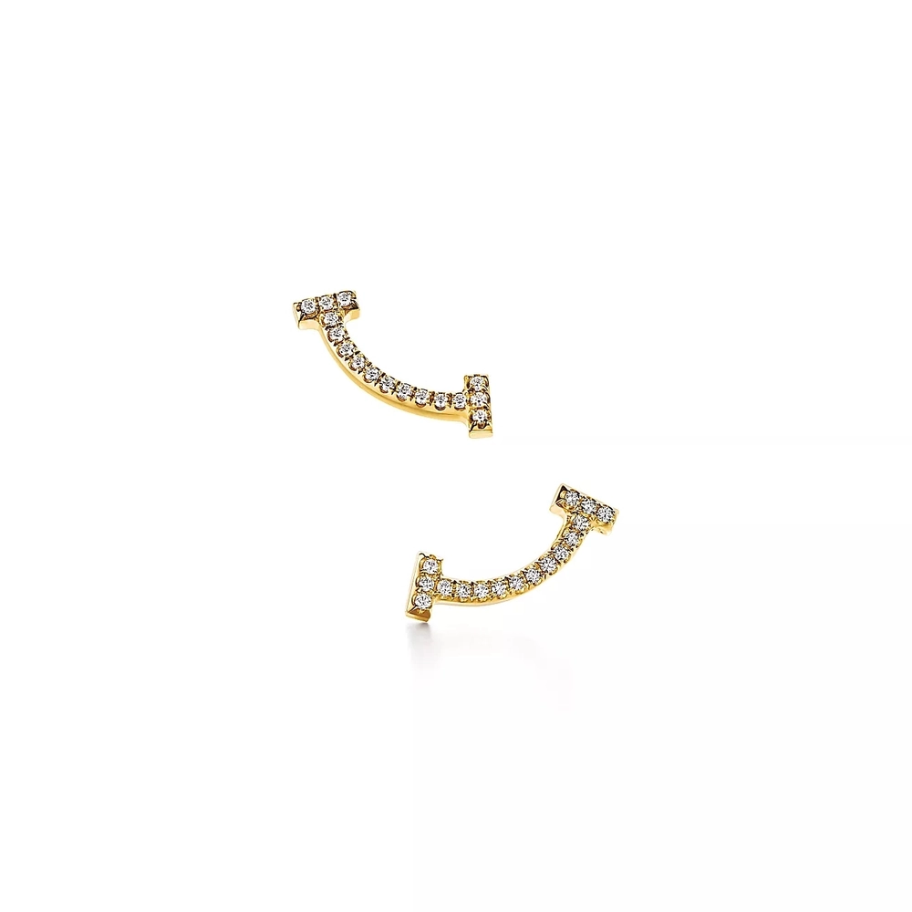 Серьги из жёлтого золота с бриллиантами 18k(750 проба), Tiffany💠 T - smile. В наличии