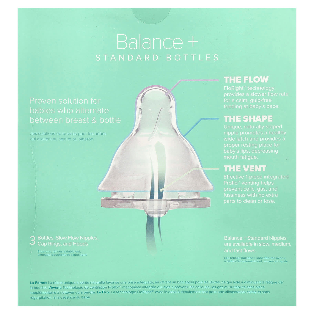 Evenflo Feeding, Balance+, флаконы со стандартными свойствами, для детей от 0 месяцев, с медленным потоком, 3 флакона по 270 мл (9 унций)