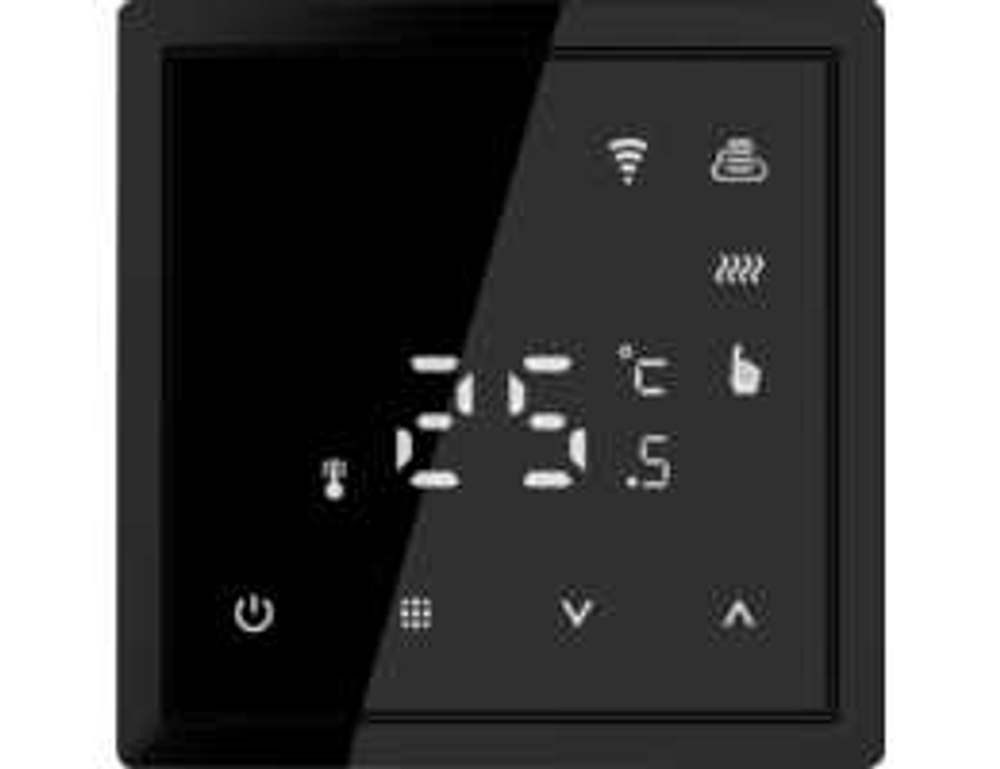 Термостат с датчиком пола программируемый через приложение,  с Wi-Fi,  16A,  размер накладки 70х70мм,  цвет стекло черное. Для установки в рамки с внутренним размером 70х70мм. Рамка в комплект поставки не входит.
