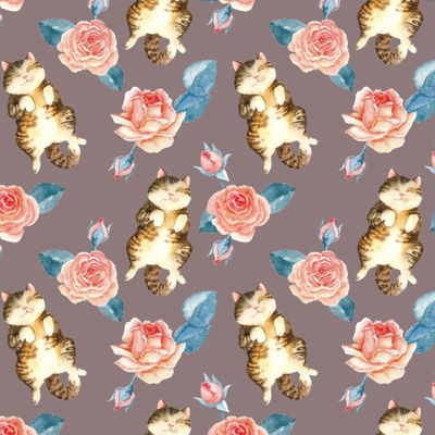 коты и розы акварельные на пыльно-розовом