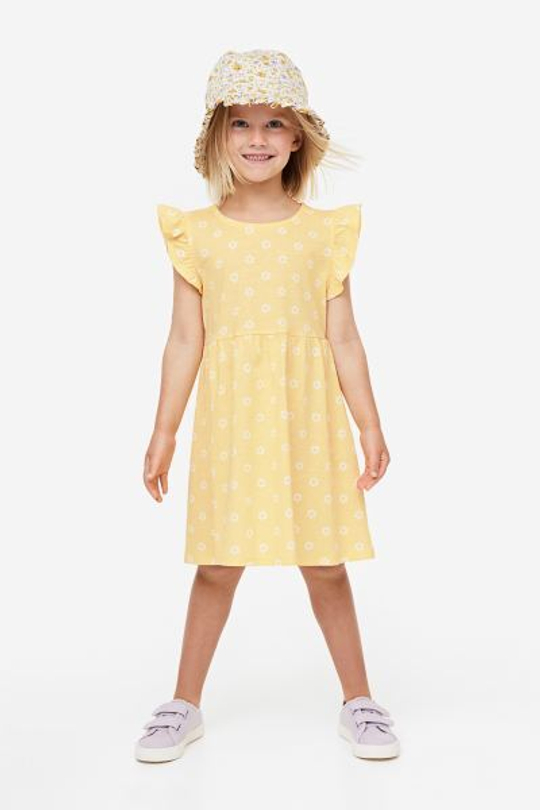 H&M Хлопковое платье с воланами на рукавах, желтый
