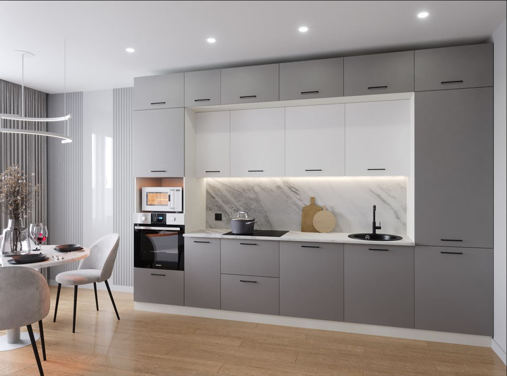 Кухонный гарнитур Антрацит (графит) 3400 мм столешница 38 мм, ЛДСП, прямая просторная кухня для большой гостиной, студии и семьи