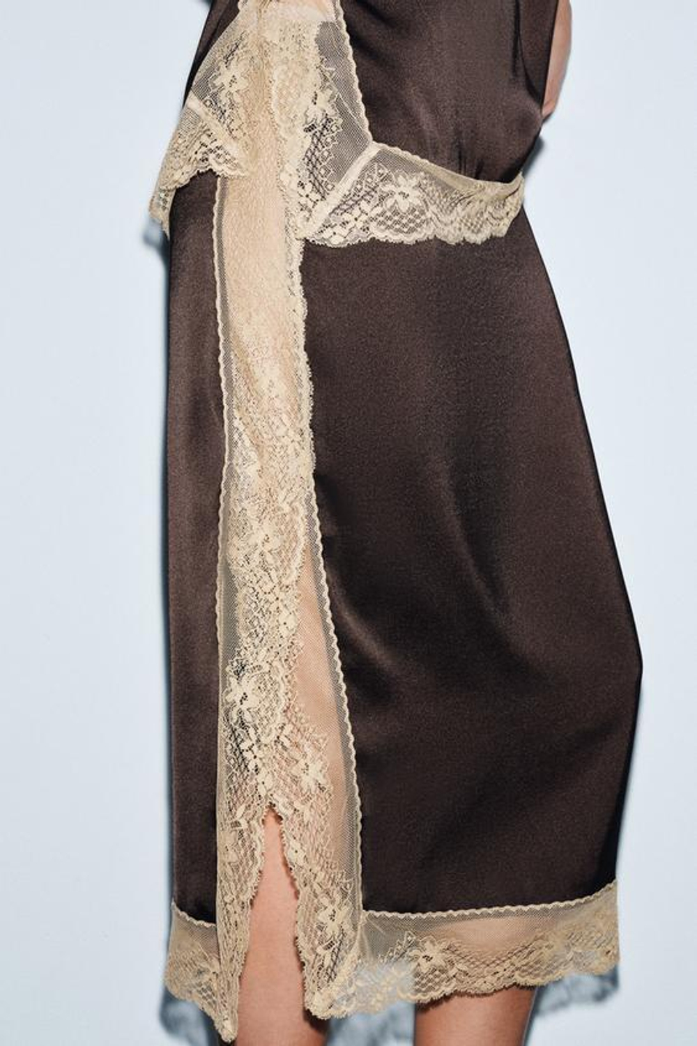 ZARA ЮБКА МИДИ С КРУЖЕВОМ — ZW COLLECTION, КОРИЧНЕВЫЙ