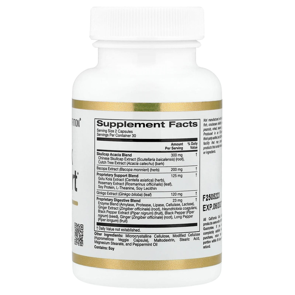 California Gold Nutrition, Think Support, с гинкго билоба, тюбетейкой, готу колой, бакопой и ферментами, 60 растительных капсул