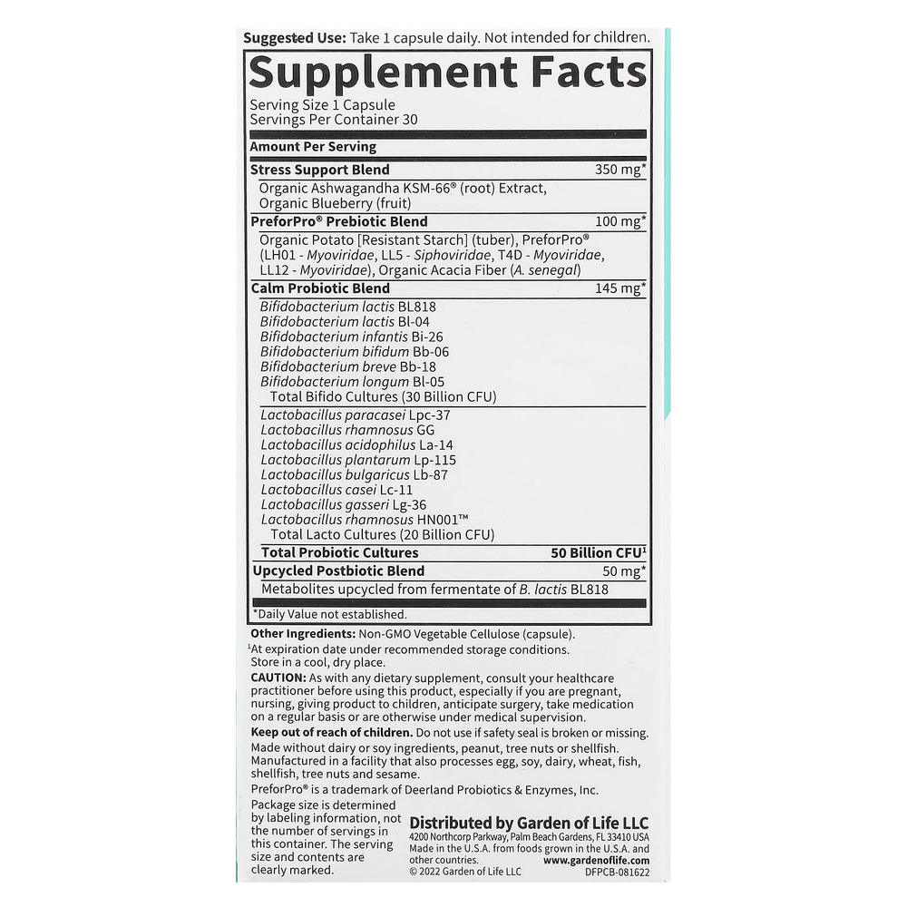 Garden of Life, Probiotics Calm, 50 млрд, 30 вегетарианских капсул