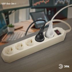 Сетевой фильтр ЭРА USF-5es-3m-I с базовой защитой с заземлением с выключателем 5 розеток 3м 10А слоновая кость