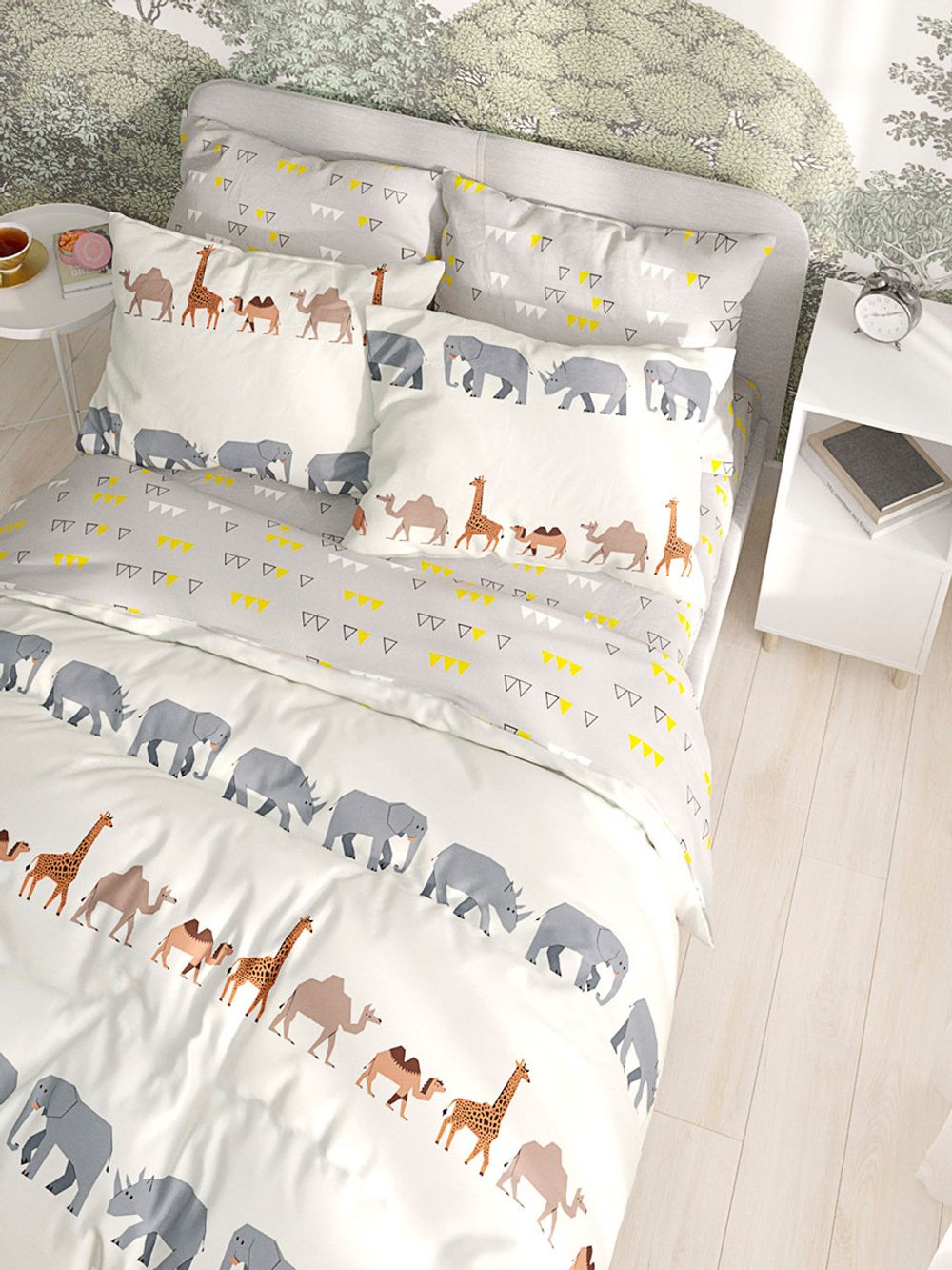 Постельное белье Сказка "Саванна/Саванна (компаньон)" 1,5-сп Наволочка 50х70 см 1 шт Простынь на резинке 90х200 см Пододеяльник 145х215 см, перкаль