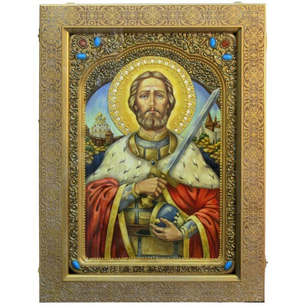 Живописная большая икона Святой благоверный князь Александр Невский 42х29см на кипарисе в березовом киоте