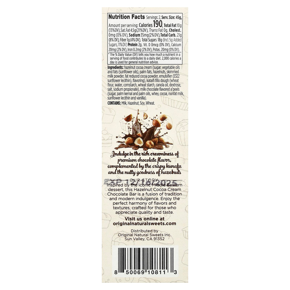 Original Natural Sweets, дубайский батончик с фундуком, какао-кремом, 91 г (3,2 унции)