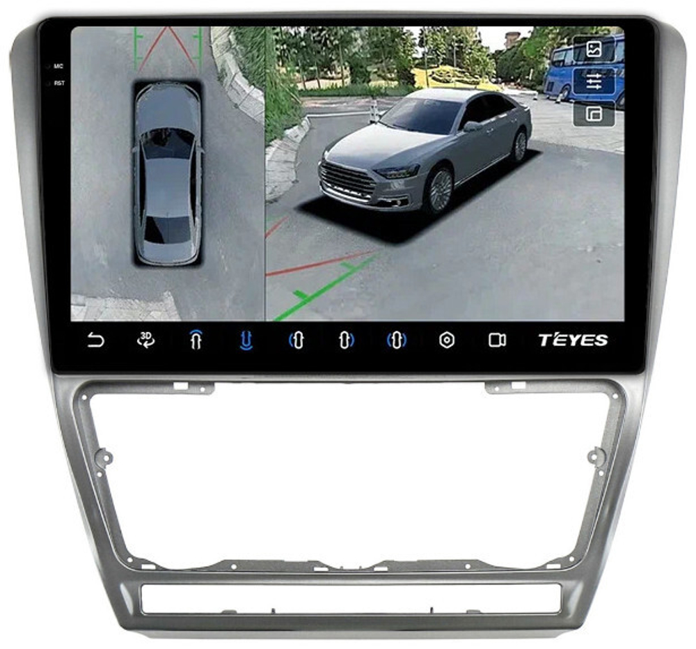 Магнитола для Skoda Octavia A5 2004-2013 (рамка серебро) - Teyes CC3-2K-360 на Android 10, 2K QLED, 6Гб+128Гб, CarPlay, 4G SIM-слот, 4 камеры в комплекте