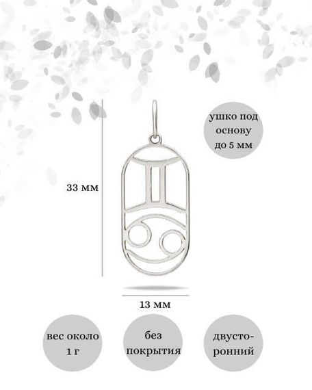 Подвески Куспид Близнецы-Рак из серебра, инфографика размеры