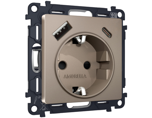 MA640010 Комплект механизма электрической розетки ALFA Темная бронза матовый 2USB A+C 20W (быстрая зарядка) с/з QUANT (AP6400, VM160)