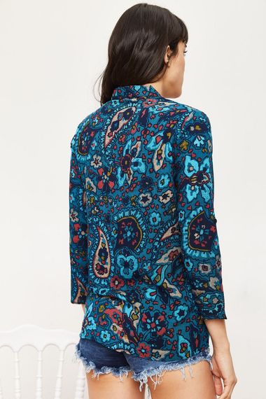 Qadın üçün mavi, qolu qatlamalı  Etnik Naxışlı Köynək 10041023