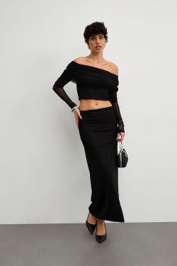 Юбка макси из сетки стрейч черного цвета