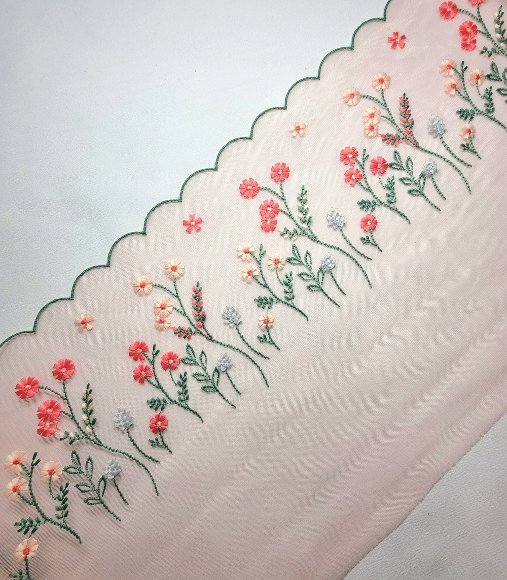 Вышивка на сетке малоэластичная цветы на розовом К115 правая