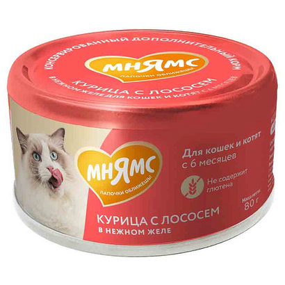 Влажный дополнительный корм для кошек и котят старше 6 месяцев Мнямс на каждый день курица с лососем в нежном желе 80 г