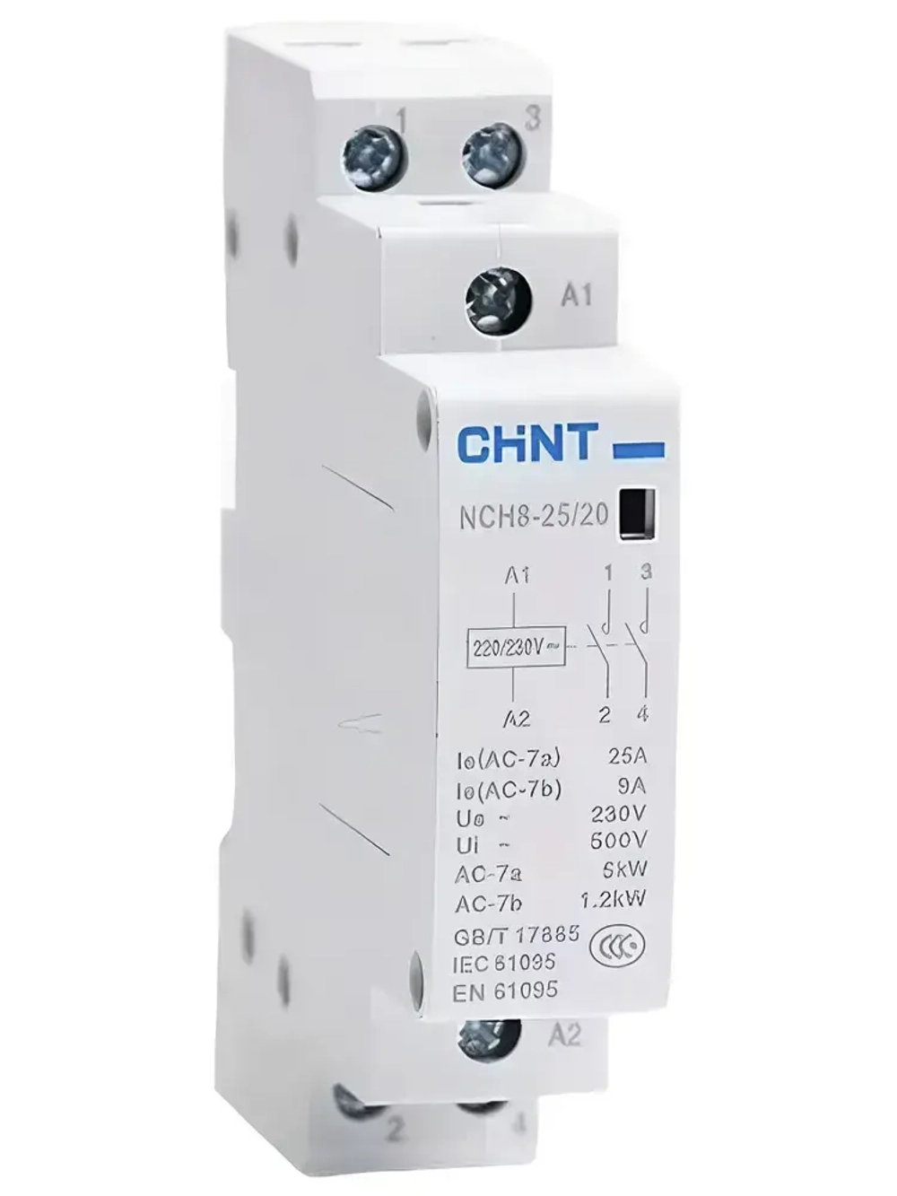 Контактор модульный 25а, 220В, 2 NO нормально открытый, двухполюсный, CHINT NCH8G-25/20, пускатель магнитный, 2P NO