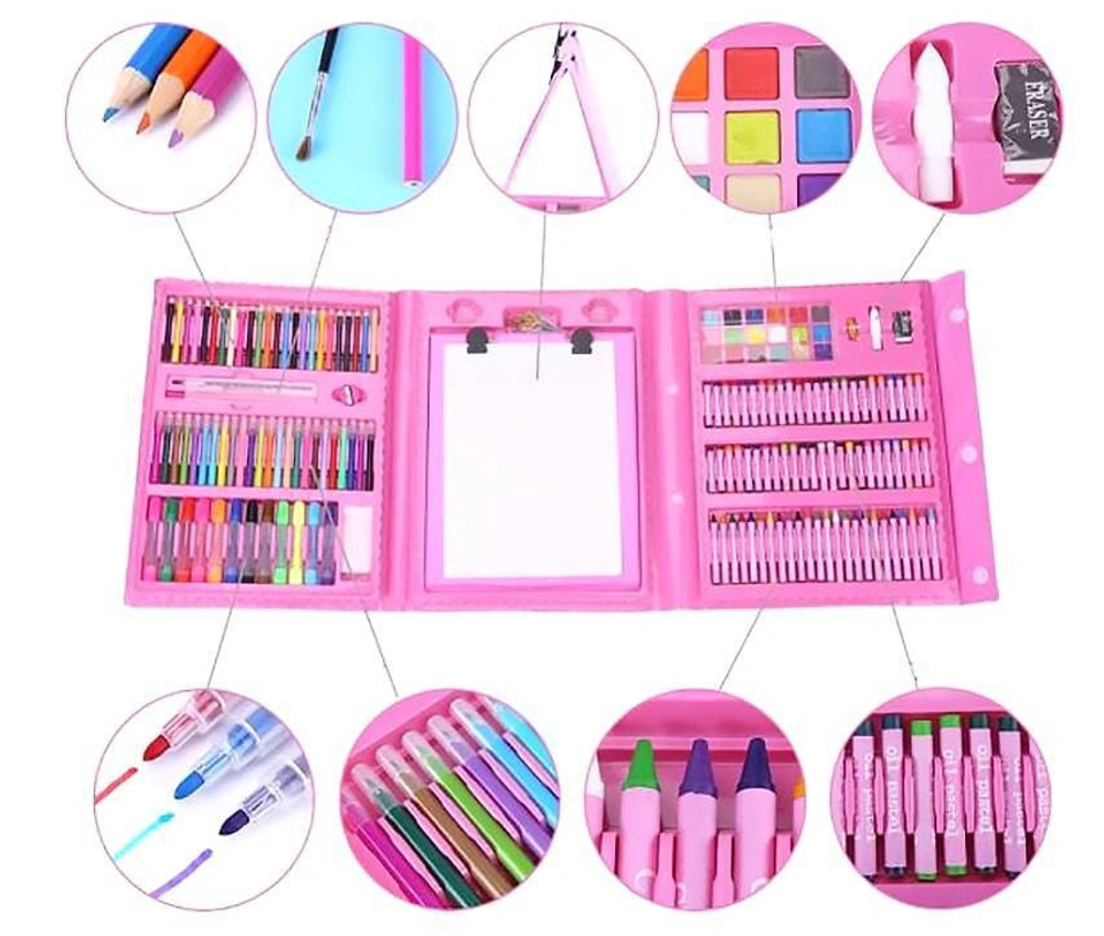 Набор для рисования "Чемоданчик юного художника", 208 предметов: карандаши, кисти, краски, фломастеры. с мольбертом, розовый