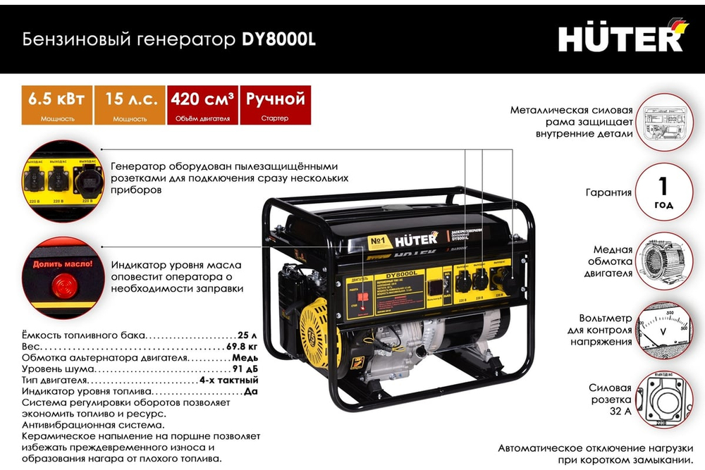 Электрогенератор Huter DY8000L 64/1/33