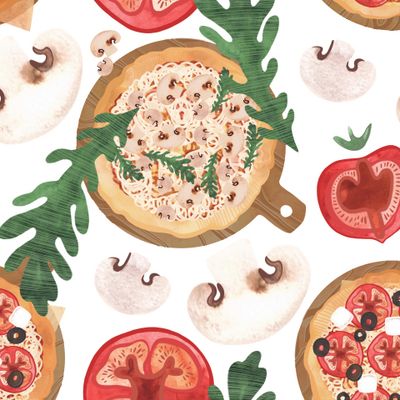 Пицца с шампиньонами, рукколой и томатами