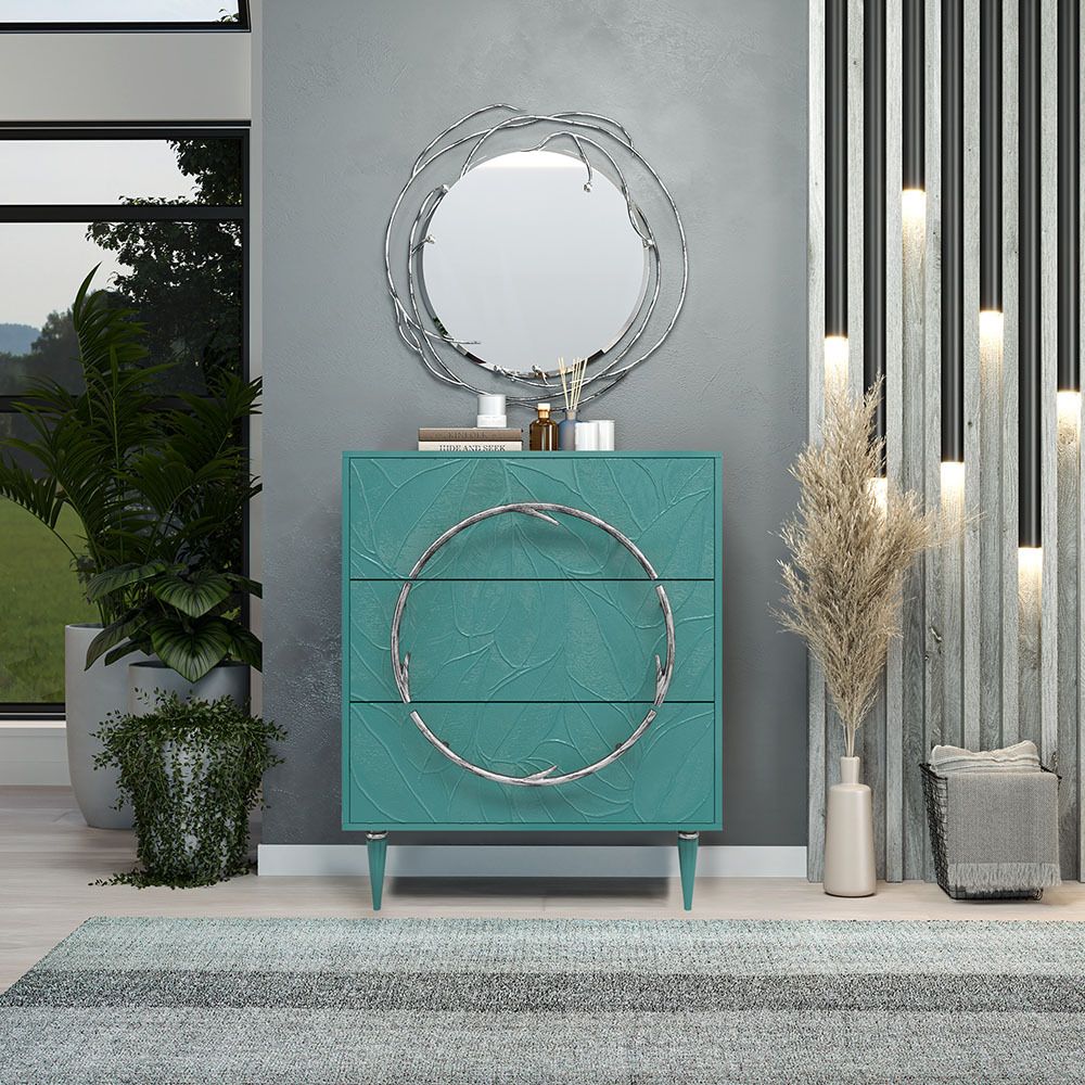 Комод Арт Колор leaves Классик Сильвер с 3 ящиками Пастельно-синий