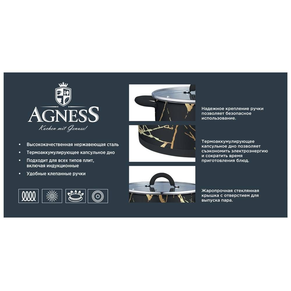 КАСТРЮЛЯ AGNESS "МАКИ" СО СТЕКЛЯННОЙ КРЫШКОЙ, НЕРЖ.СТАЛЬ, 1,5Л 16Х9 СМ