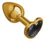 Золотистая анальная втулка с чёрным кристаллом-сердцем - 7 см.