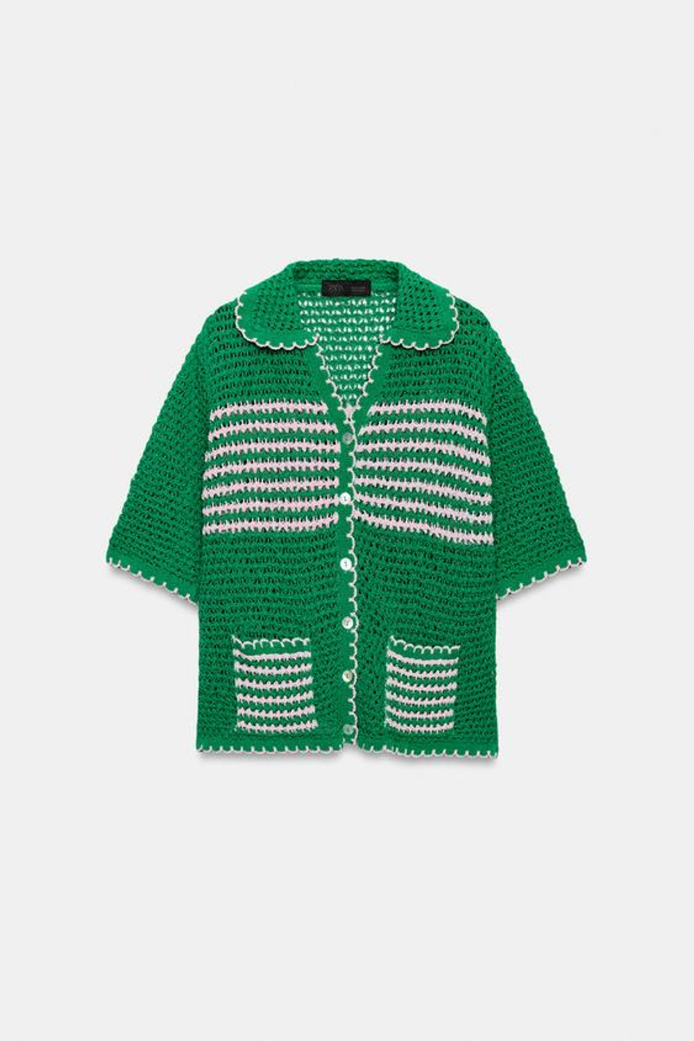 ZARA КАРДИГАН ПОЛО ВЯЗАНЫЙ В ПОЛОСКУ, ЗЕЛЕНЫЙ