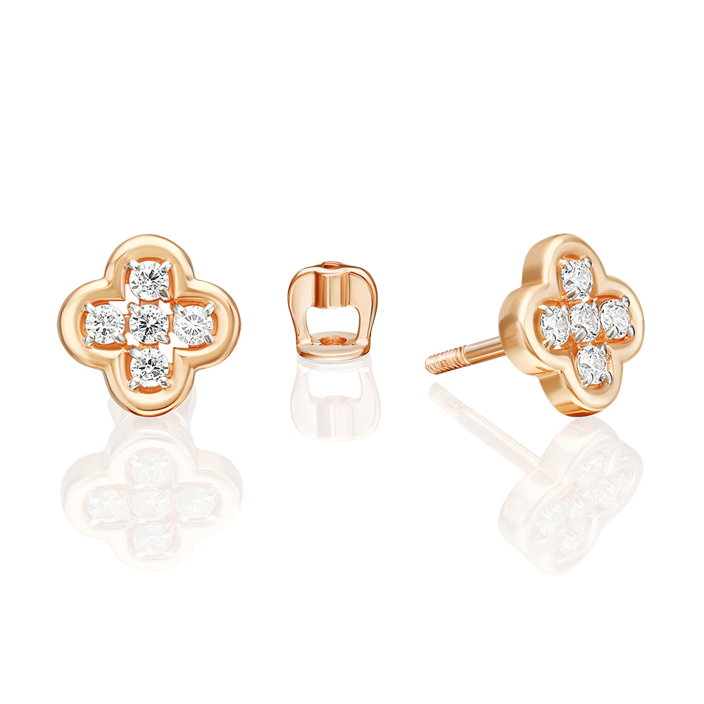 Серьги-пусеты «Клевер» из красного золота с фианитами