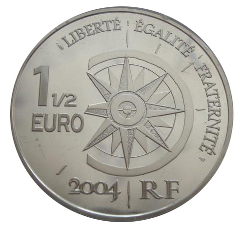 1,5 евро 2004 год. Франция. Париж-Владивосток. Транссибирский экспресс. Поезд. Железная дорога. Серебро