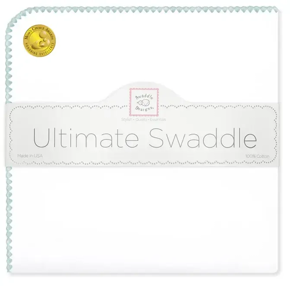 SwaddleDesigns Фланелевая пеленка для новорожденного - White with SeaCrystal Pastel Trim