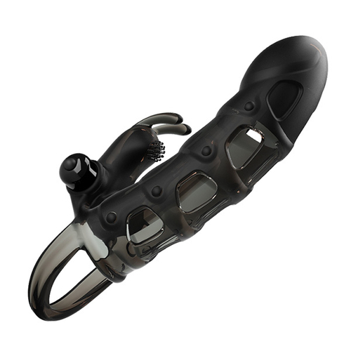 Черная закрытая вибронасадка 19,2см с подхватом мошонки и стимулятором клитора Pretty Love Cuper Penis Sleeve BI-026239