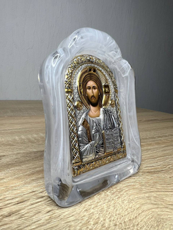 Спаситель, икона арочная, белое муранское стекло 86х112