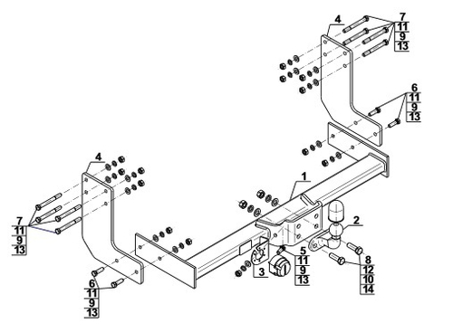 Фаркоп на Mercedes Sprinter II фургон/микроавтобус 3,5T 3,665 м/4,325 м (со ступенькой) (одинарные колёса) (только для версии с короткой выхлопной трубой) 2006-2018, 2018-, Volkswagen Crafter I фургон/микроавтобус 3,5T 3,665 м/4,325 м (со ступенькой) (одинарные колёса) 2006-2017 без снятия и подрезки бампера (паспорт и сертификат в комплекте)(без электрики) Steinhof.V-033