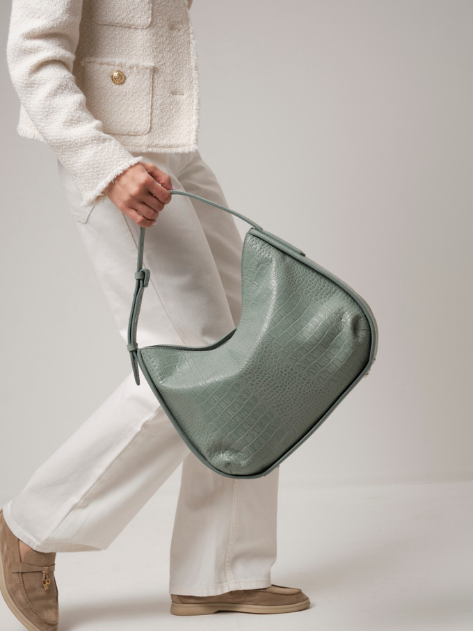 Сумка кожаная серо-зеленая крок