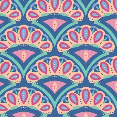 Павлиний хвост. Арт деко орнамент на синем фоне. Палитра Peach Fuzz.