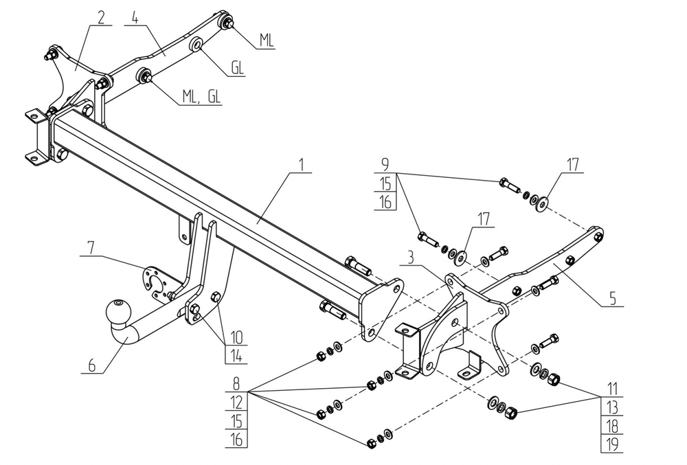 Фаркоп для Mercedes M, GL, GLS, GLE 2005-2019 Тип шара: A. Нагрузки: 3500/140 кг, MB 07