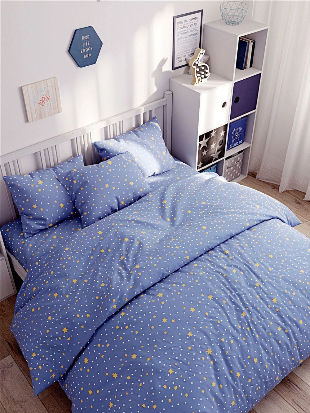 Постельное белье Сказка "Зимние звезды" 2-спальный Наволочка 50х70 см 2 шт Простынь на резинке 160х200 см Пододеяльник 175х215 см, перкаль