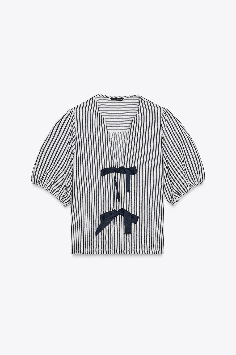 ZARA БЛУЗА ЛЬНЯНАЯ С ЗАВЯЗКАМИ, ЭКРЮ/ТЕМНО-СИНИЙ