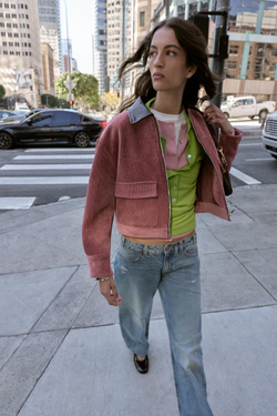 ZARA КУРТКА ИЗ ВЕЛЬВЕТА С ВОРОТНИКОМ ИЗ ИСКУССТВЕННОЙ КОЖИ, МАРСАЛА