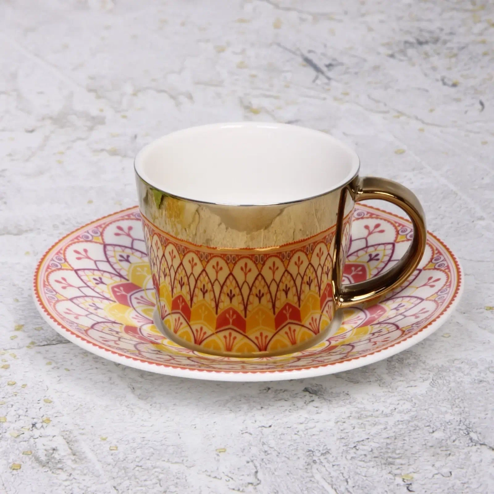 Чайная пара (зеркальная кружка 230мл+блюдце) анаморфный дизайн «Цветочный узор»