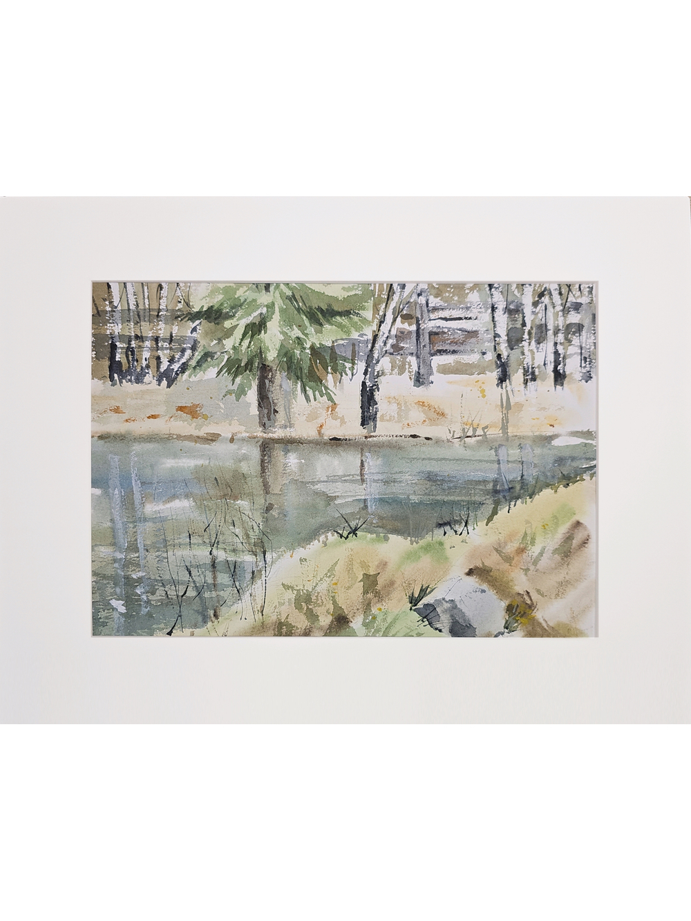 Картина авторская акварельная в паспарту 30х40 см на стену для интерьера "На берегу пруда в Тованово"