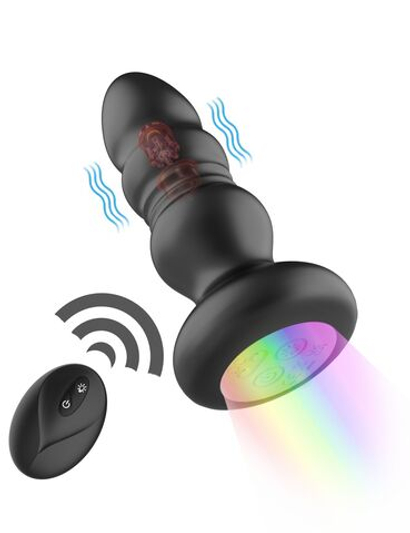 Черная анальная вибропробка с фрикционным механизмом и LED-подсветкой - 12,5 см.