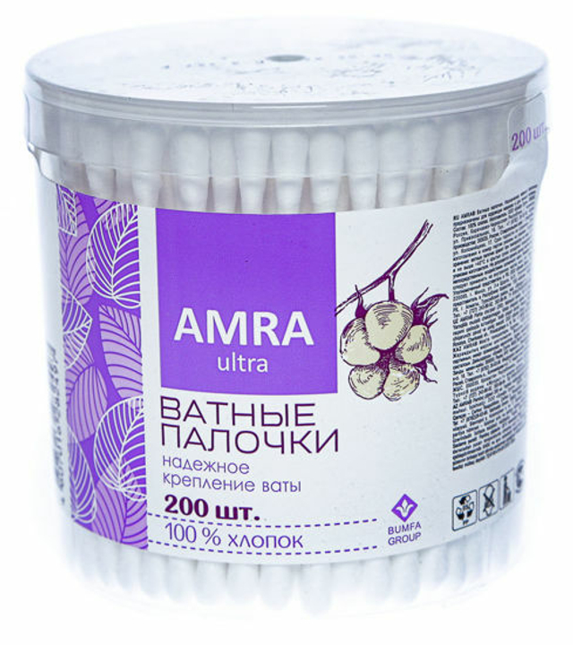 Палочки ватные "AMRA", хлопок, 200шт в банке