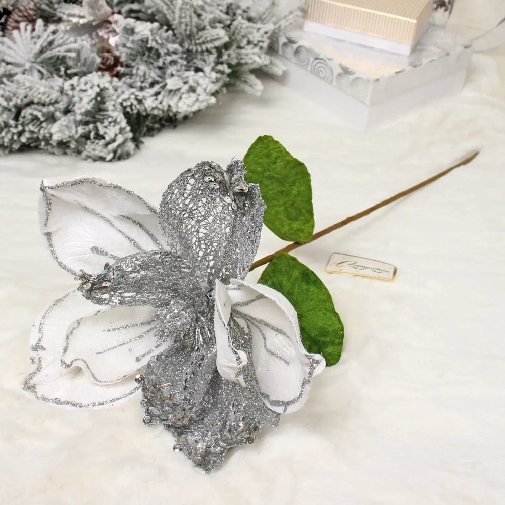 Украшение новогоднее «Пуансеттия - Рожедественская красавица» 23 см, Белый/Серебро