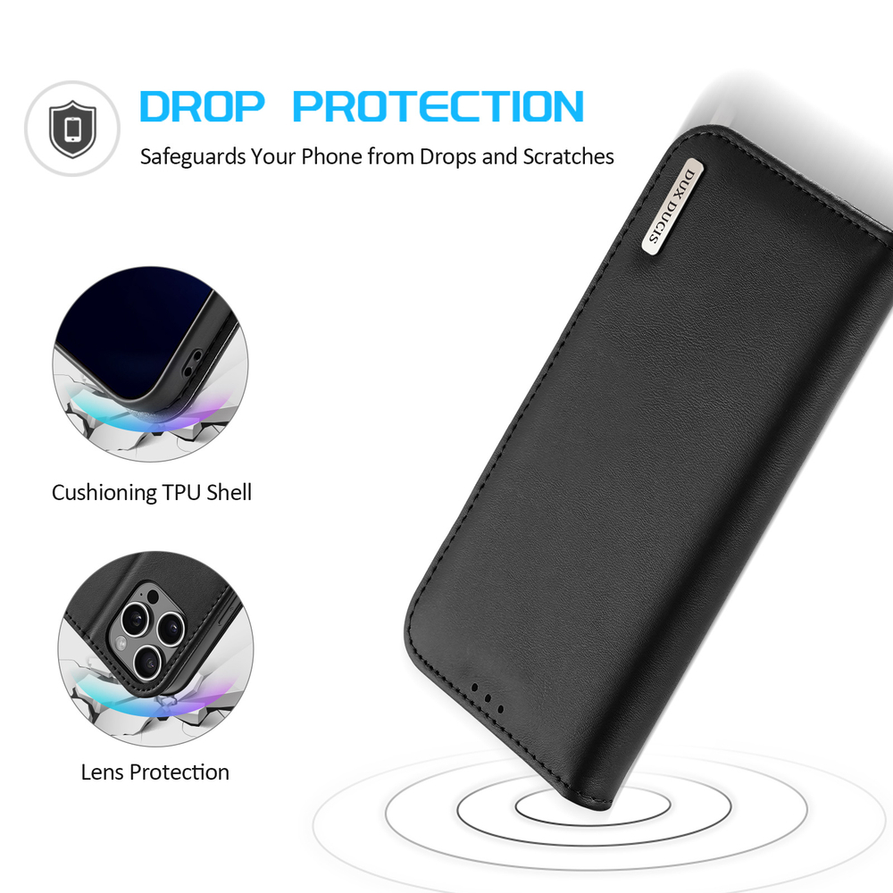 Чехол книжка из натуральной кожи с защитой RFID от Dux Ducis для iPhone 16 Pro, серия Hivo Series Case