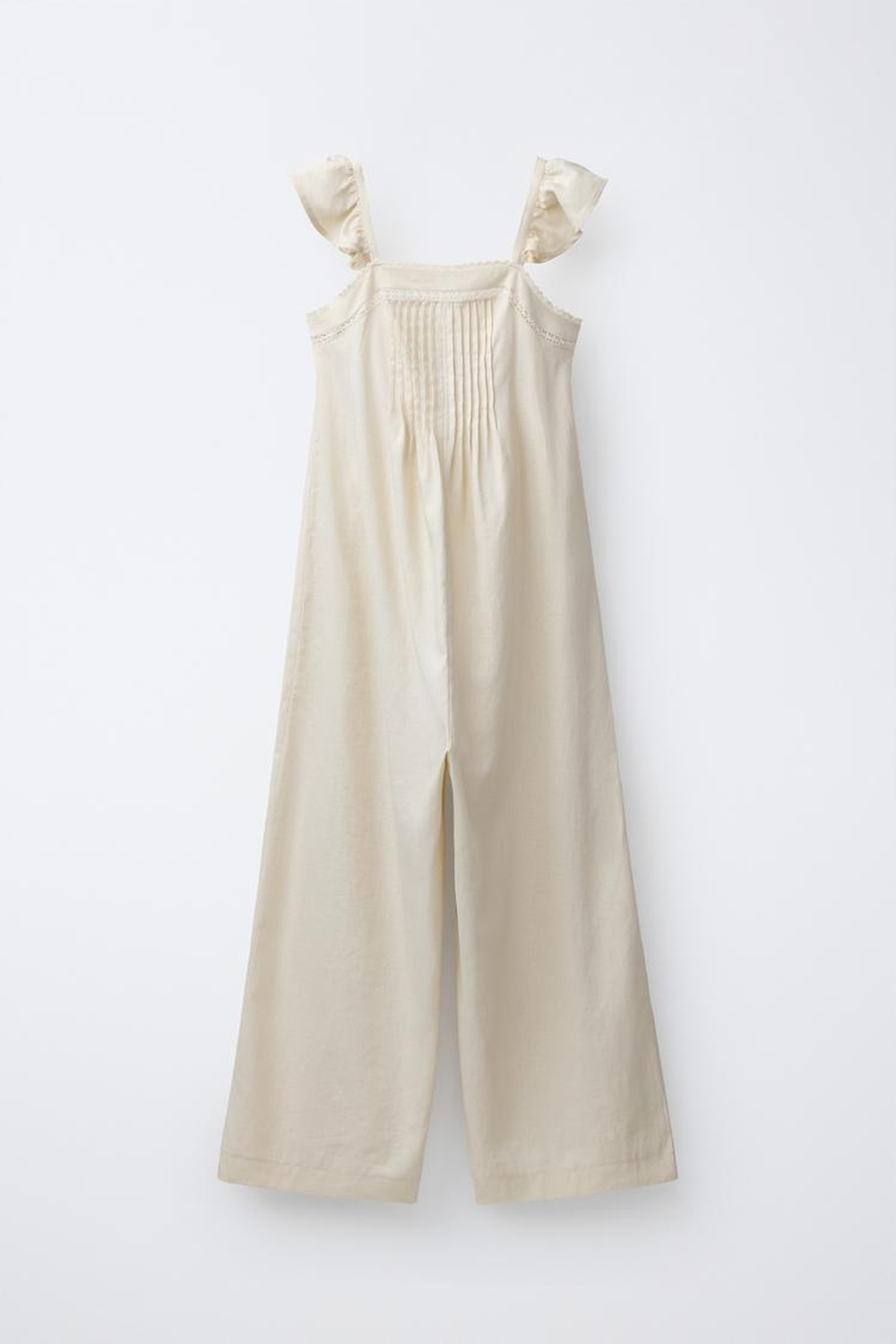 ZARA ДЛИННЫЙ КОМБИНЕЗОН ИЗ ЛЬНА С КРУЖЕВОМ, ЭКРЮ