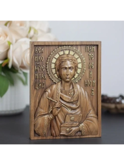 Пантелеймон Целитель икона деревянная резная, бук