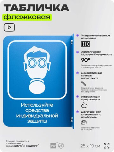 Табличка "Используйте СИЗ" флажковая на стену, двусторонняя с крепежом, 19 х 25 см, для офиса, кафе, ресторана, серия COSMO, Айдентика Технолоджи